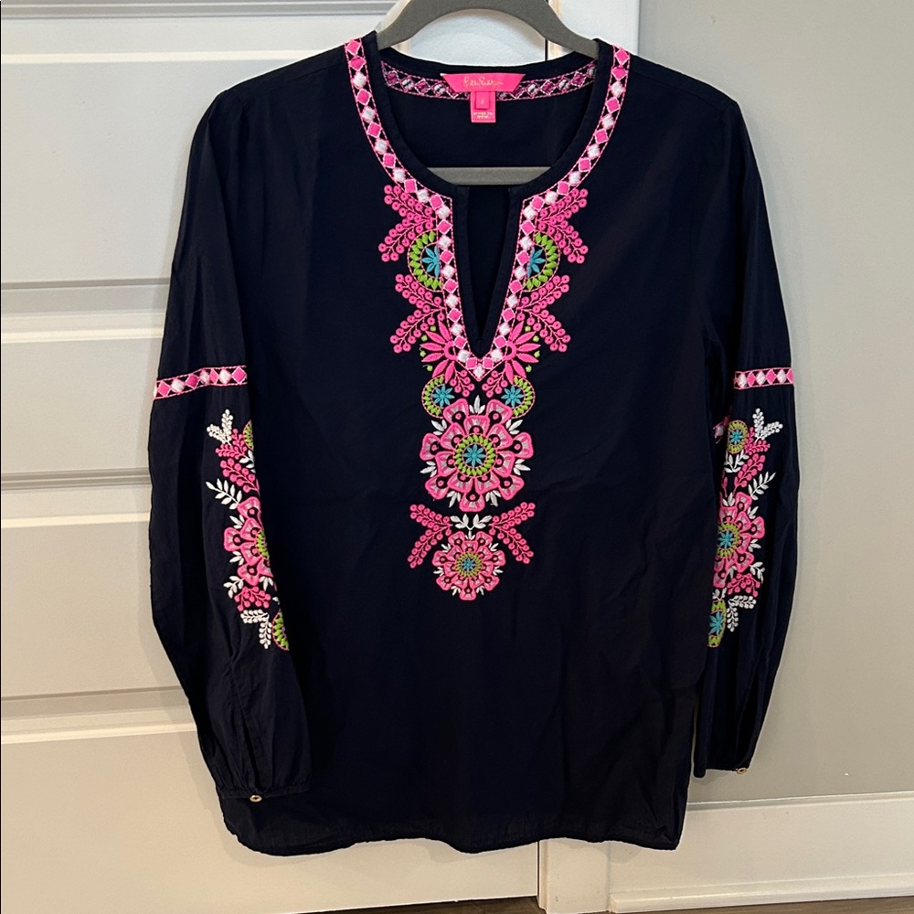 Lily Pulitzer Navy Tunic with Pink and Green Embroidery